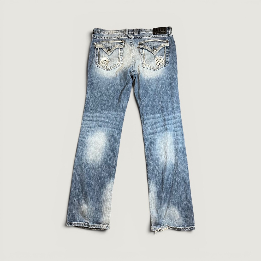 Affliction Ace Straight Leg Jeans Mens 38 Blue Distressed Y2K Thick Stitch Flap